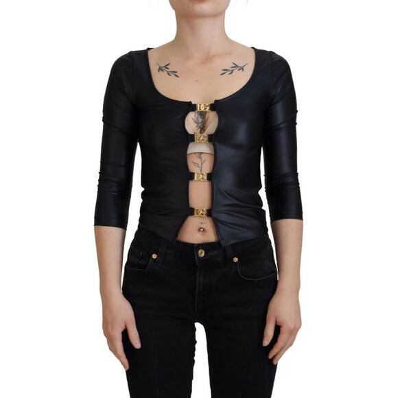 Dolce & Gabbana Black Cotton Stretch Open Chest 3/4 Sleeve Women's Top